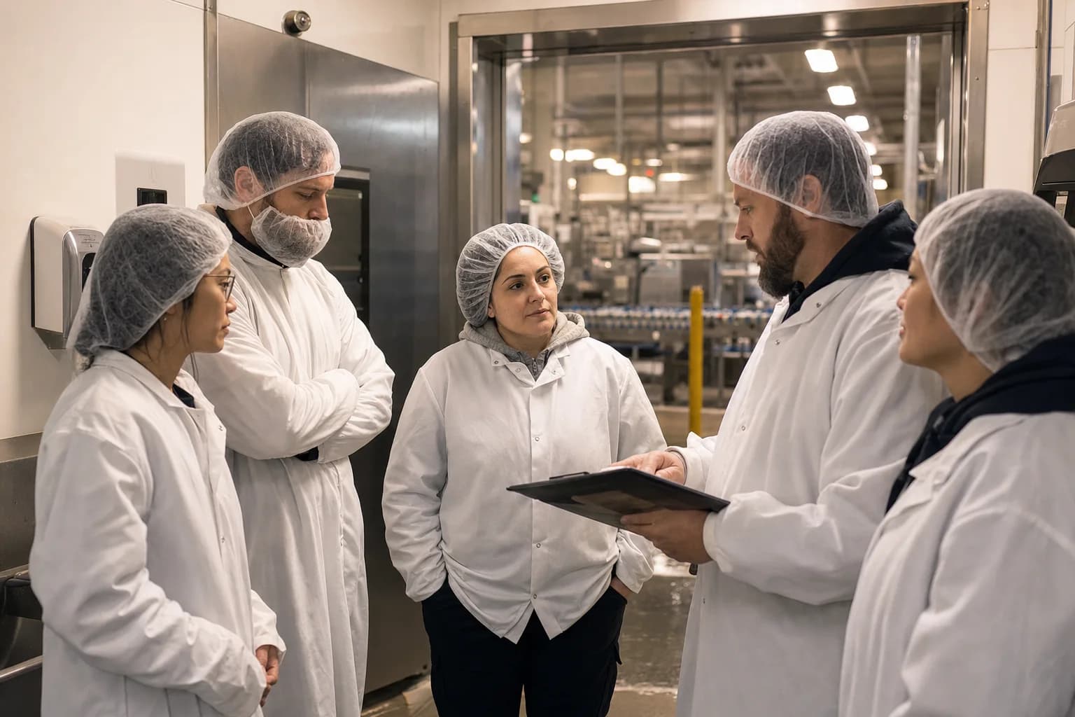 A food-processing shift supervisor reviews the roster with workers in plant-ready protective clothing.