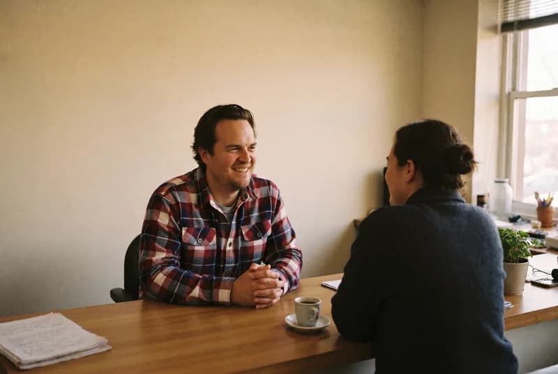 A staffing agency owner reviewing work in a front office