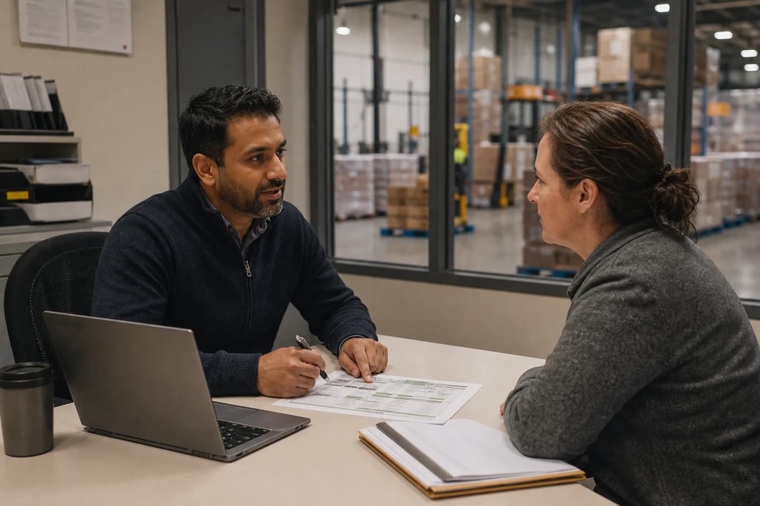 A staffing agency owner and warehouse client review the next dock crew in the warehouse front office.