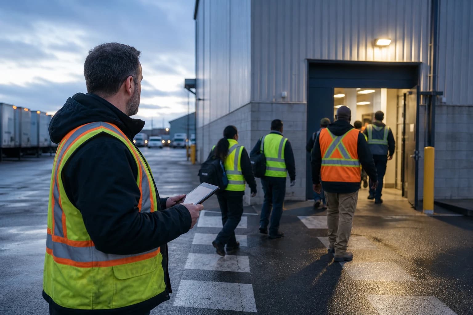 A staffing dispatcher checks the morning crew as workers enter a Canadian distribution centre.
